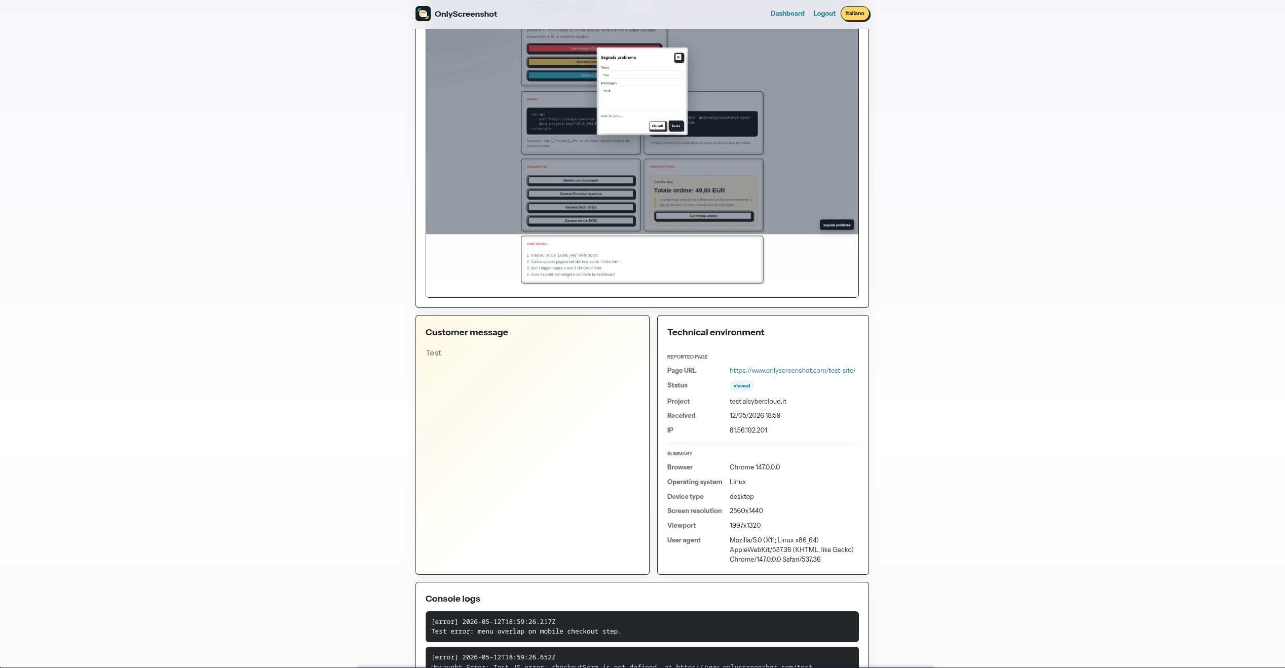 Bug report screenshot